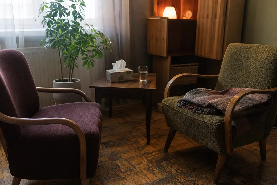 Pokój konsultacji w poradni, dwa fotele naprzeciw siebie, chusteczki na stoliku, światło dzienne