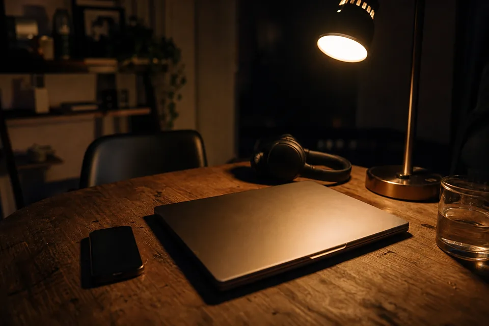 Zamknięty laptop na biurku nocą przy małej lampce, obok telefon ekranem do dołu