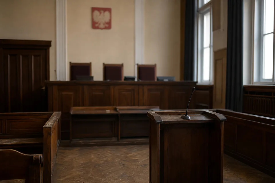 Pusta sala rozpraw polskiego sądu, drewniane ławy i stół sędziowski w porannym świetle