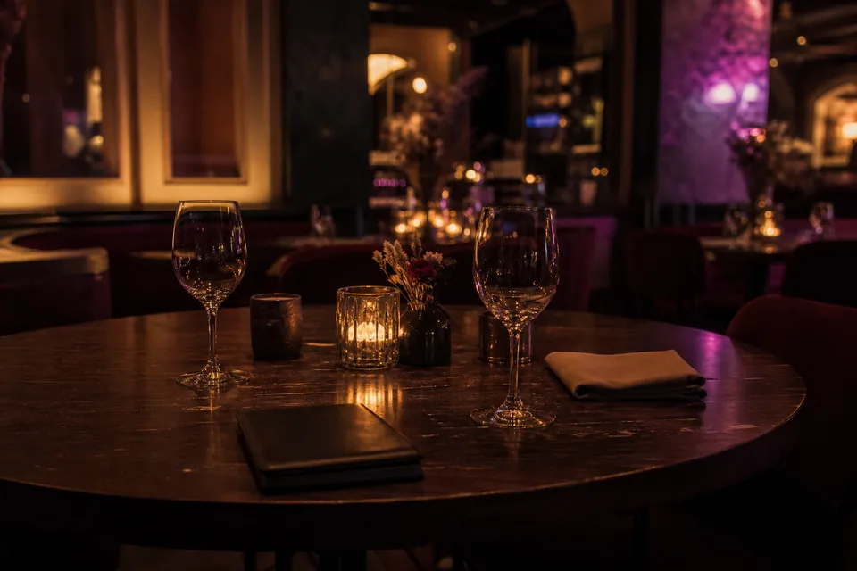 Dwa kieliszki i rachunek na stoliku w pustej restauracji wieczorem