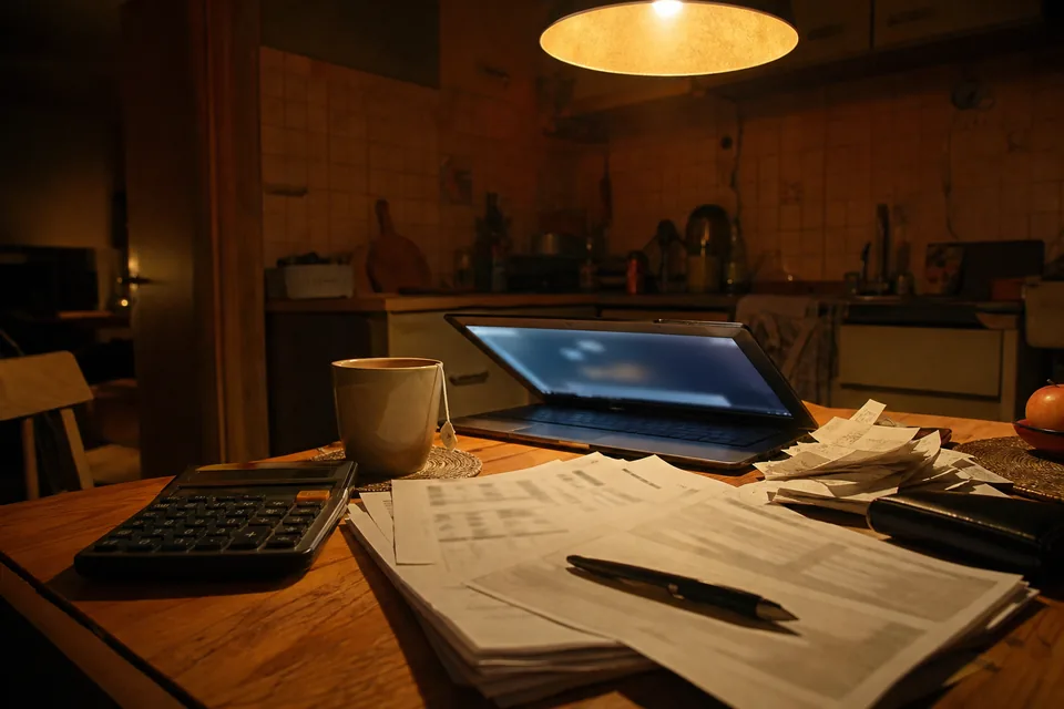 Kalkulator, wydruk zeznania i laptop na stole kuchennym wieczorem